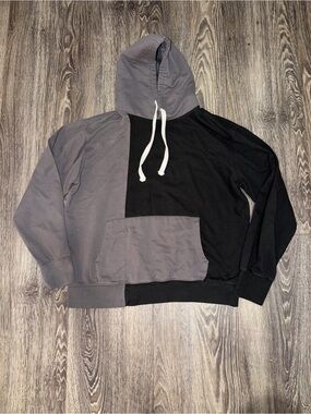 Y2K 2000s Grunge Skater Fleece Factory Black & Gray Colorblock Hoodie Size L